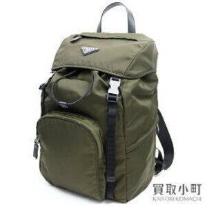 PRADA Khaki Green Backpack Triangle Logo Saffiano Leather Trim Fabric